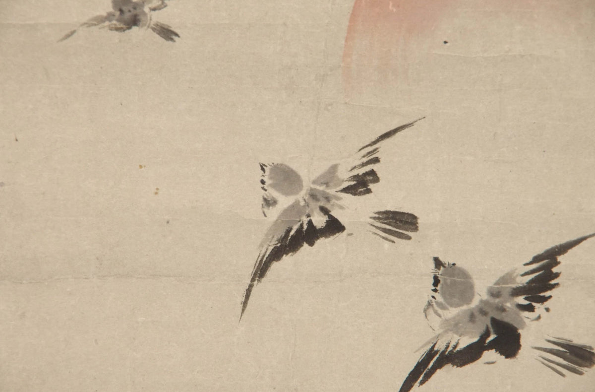 Kano Eigaku Japanese Edo Hanging Scroll Sparrows Morning Sun Signed Sealed Box