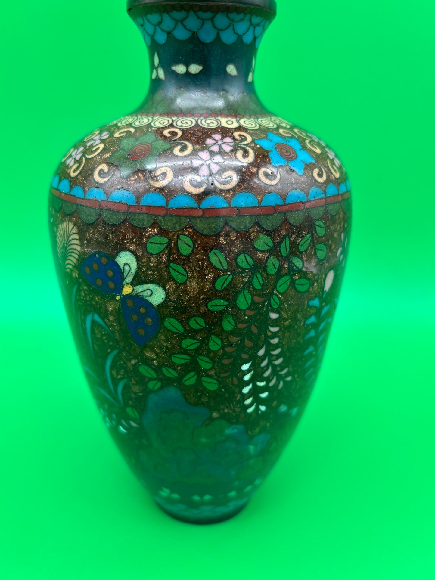 Antique Meiji Japanese Goldstone Cloisonne Butterfly Floral Vase 7 1/4”