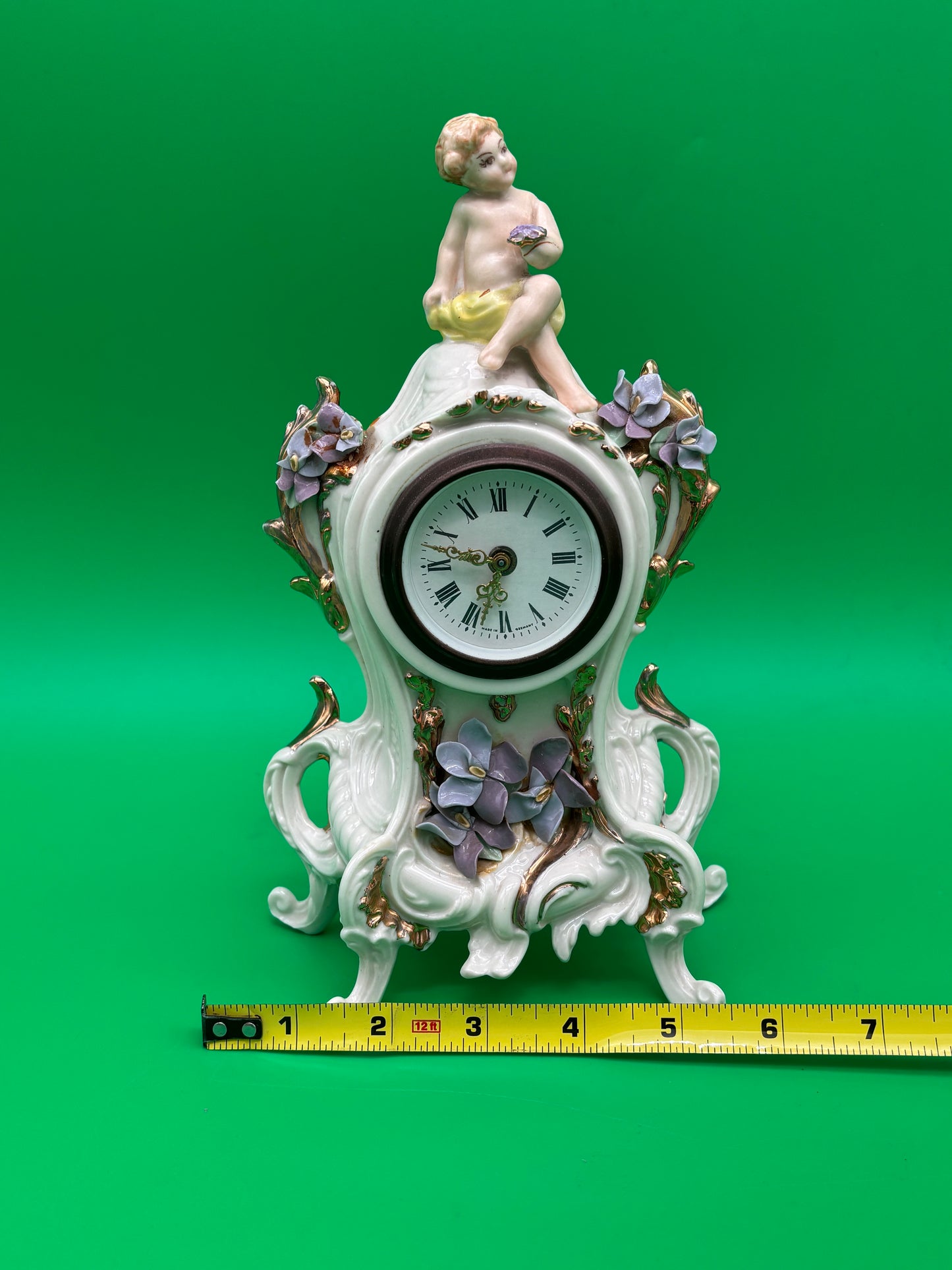 Vintage Louis Pierlot German Porcelain Mantel Clock w/ Cherub – 10” Wind Up