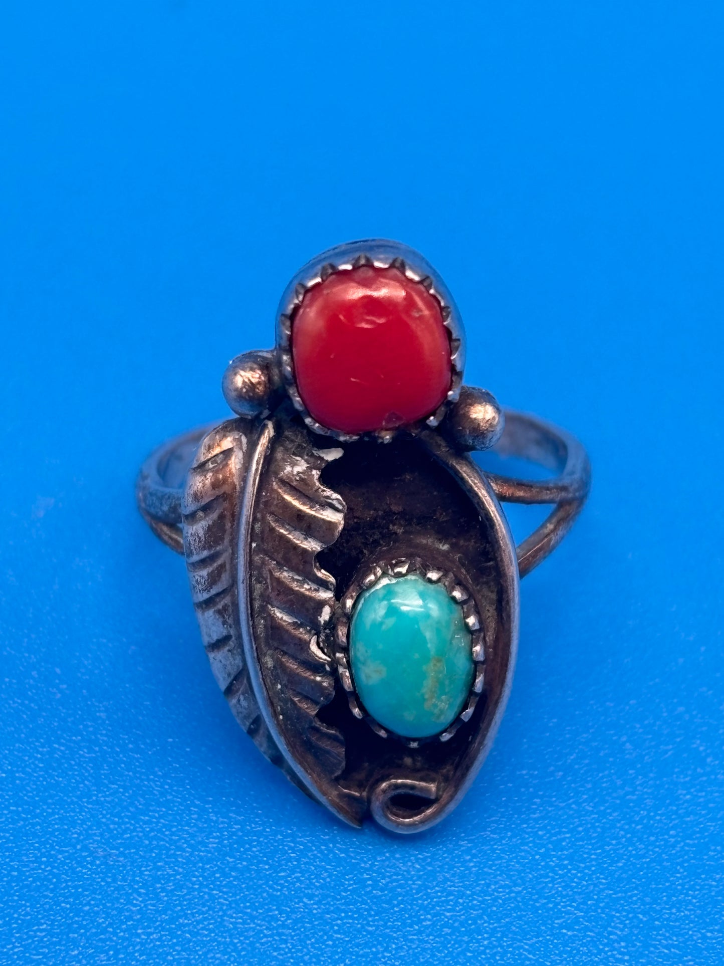 VTG Henry Mariano HM Navajo Sterling Silver Turquoise Coral Ring Size 8