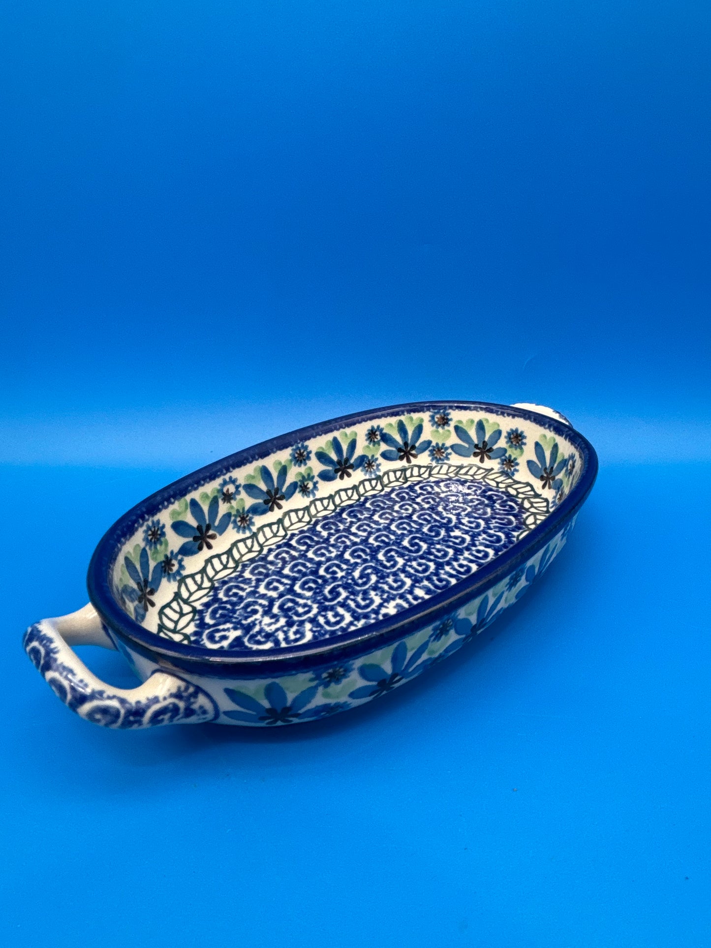 Boleslawiec Polish Pottery Oval Baker Dish Blue Green Floral #192 Poland 9”