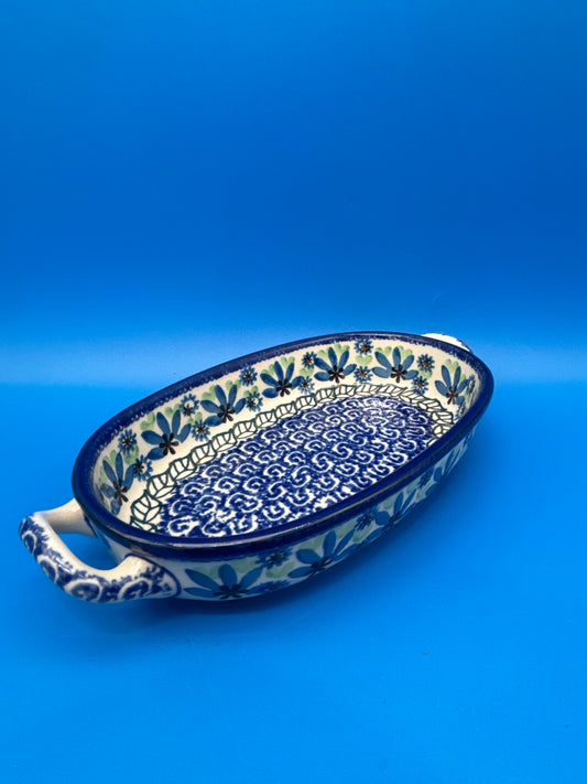 Boleslawiec Polish Pottery Oval Baker Dish Blue Green Floral #192 Poland 9”