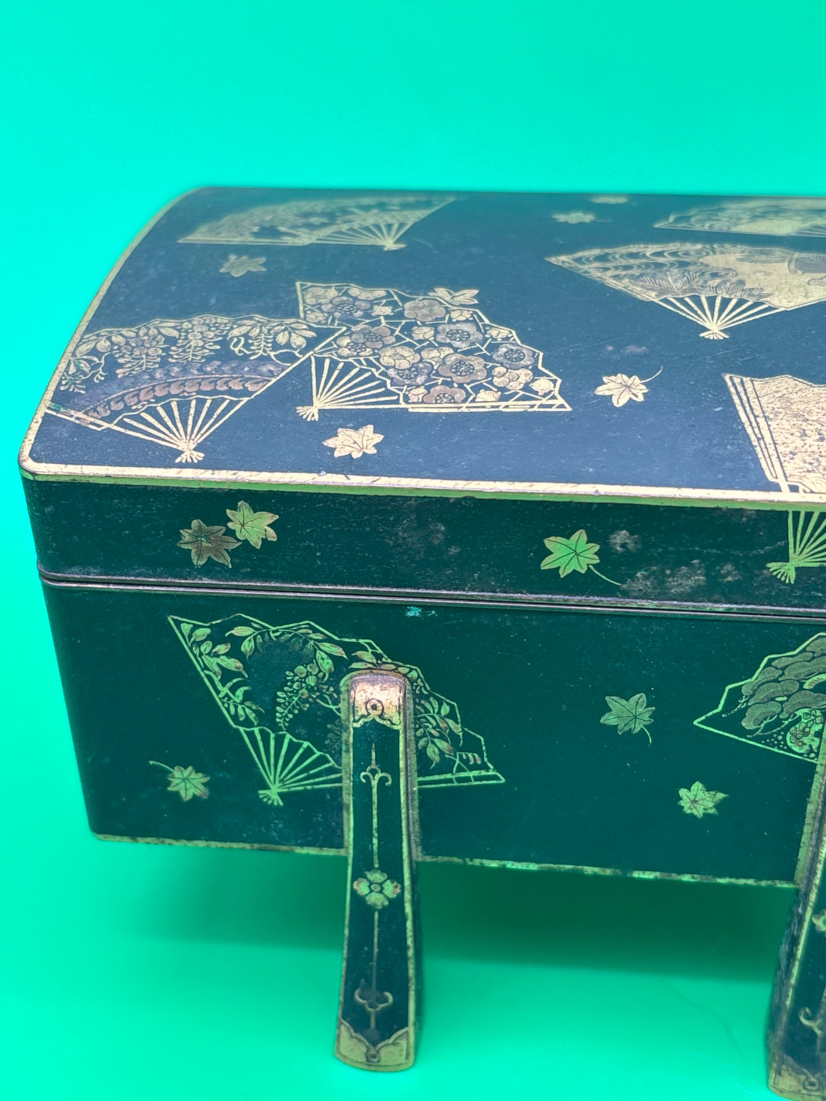 Antique Japanese Fujii Damascene Footed Cigarette Box Mt Fuji Mark Gold Inlay c1930