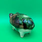 Antique Yellowware Piggy Bank Green Drip Glaze Hole Eyes Pottery Still Bank 6.5”