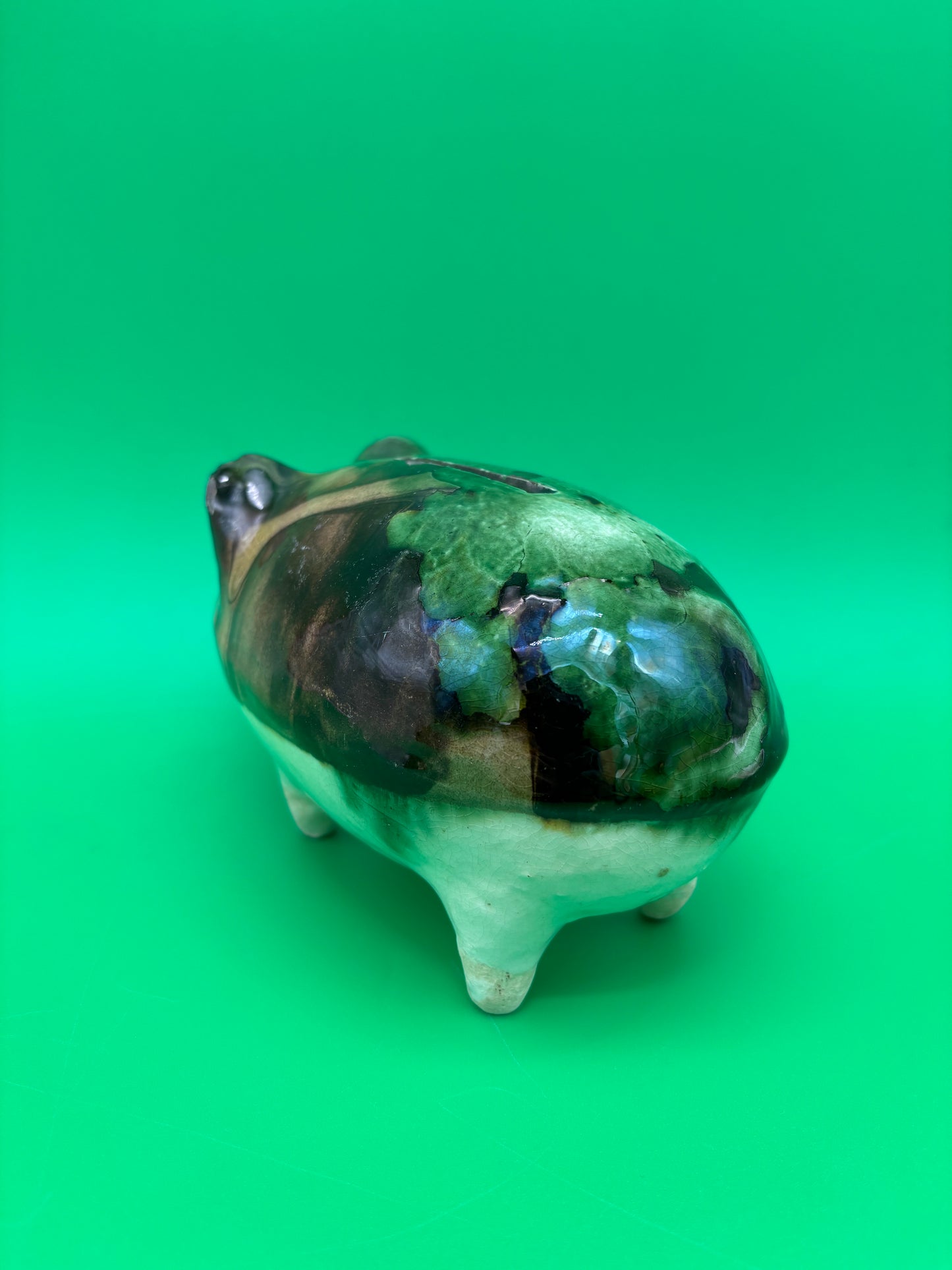 Antique Yellowware Piggy Bank Green Drip Glaze Hole Eyes Pottery Still Bank 6.5”