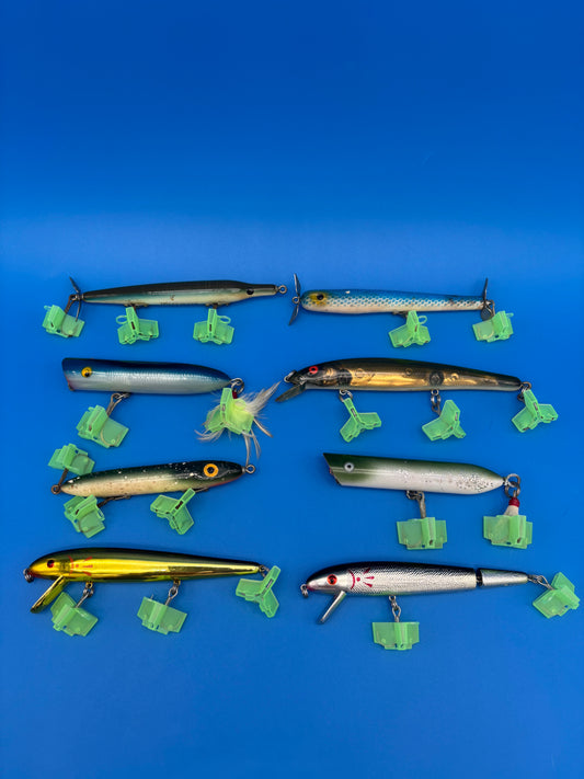 Lot of 8 Vintage Wooden Saltwater Fishing Lures Needlefish Poppers Swimmers Surf Plug Collection