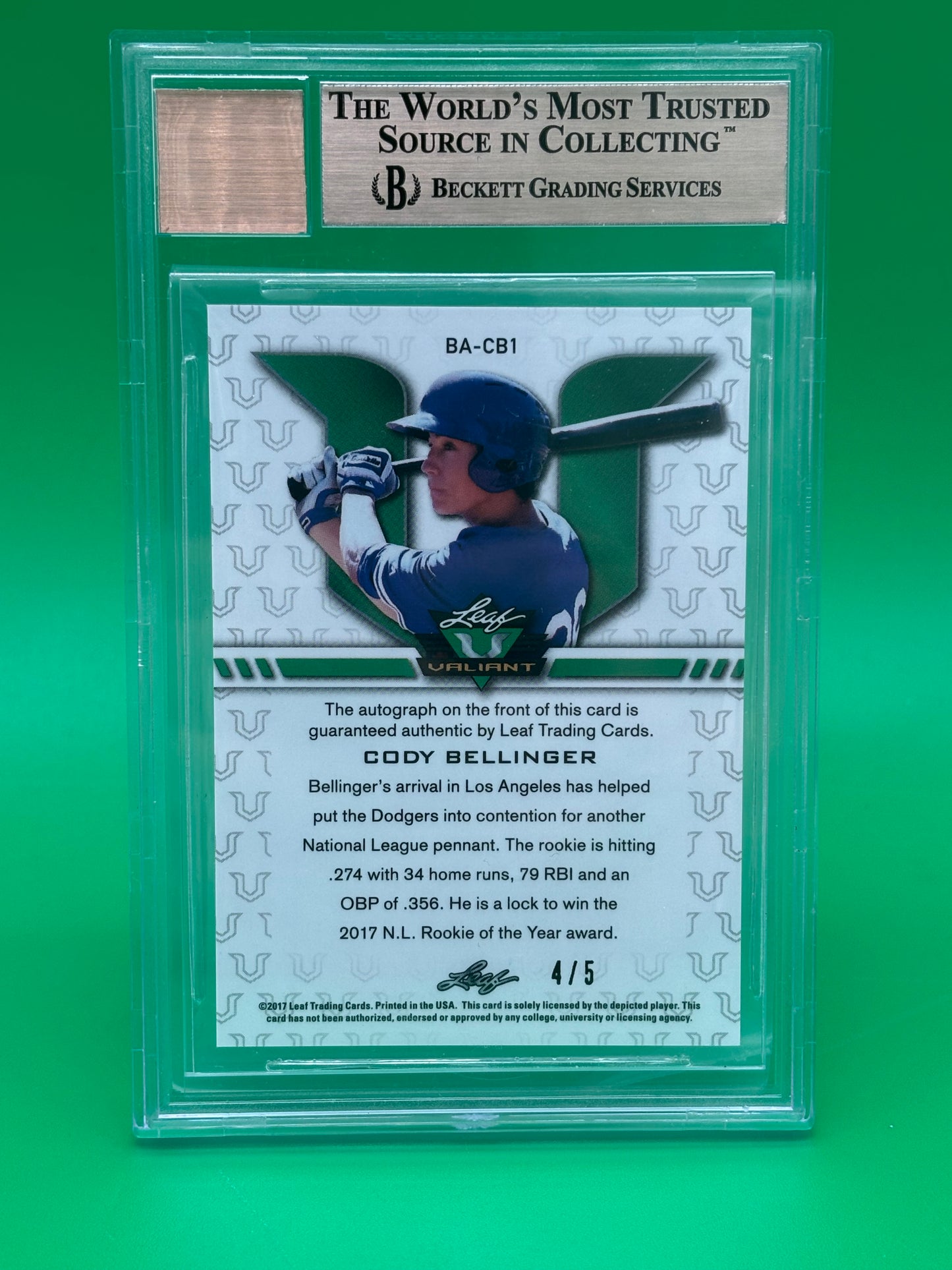 2017 Leaf Valiant Black Cody Bellinger Auto /5 BGS 10 Pristine Auto 10 #BA-CB1