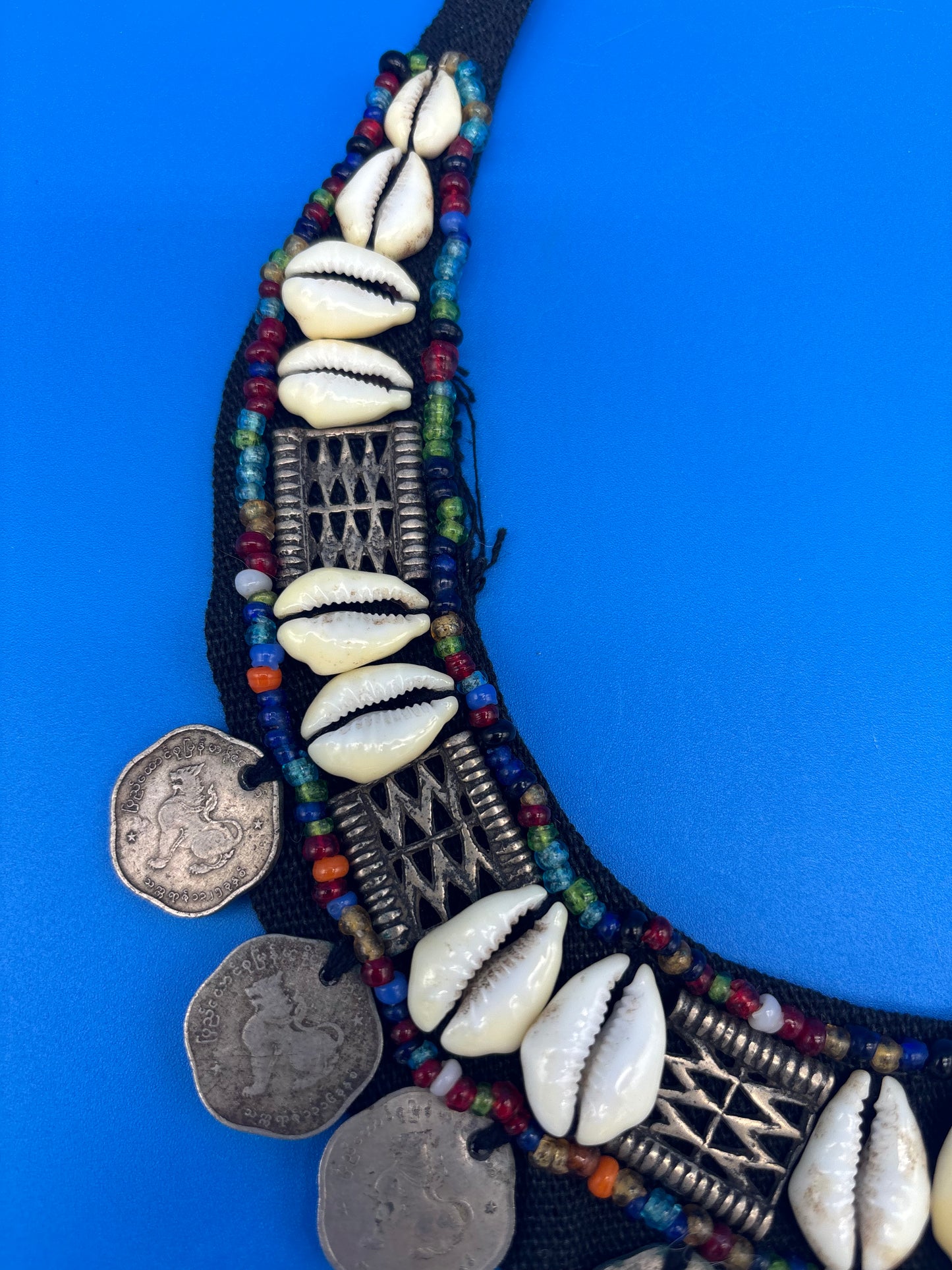 Vintage HUGE Tribal Bib Necklace Cowrie Shells Beads Myanmar Coins Boho Statement