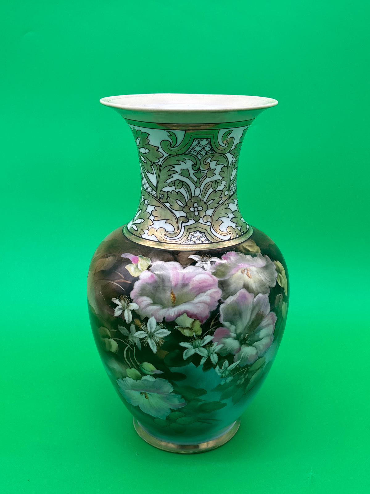 Vintage Noritake Hand Painted Japan 11” Floral Vase Pink Flowers Gold Gilt