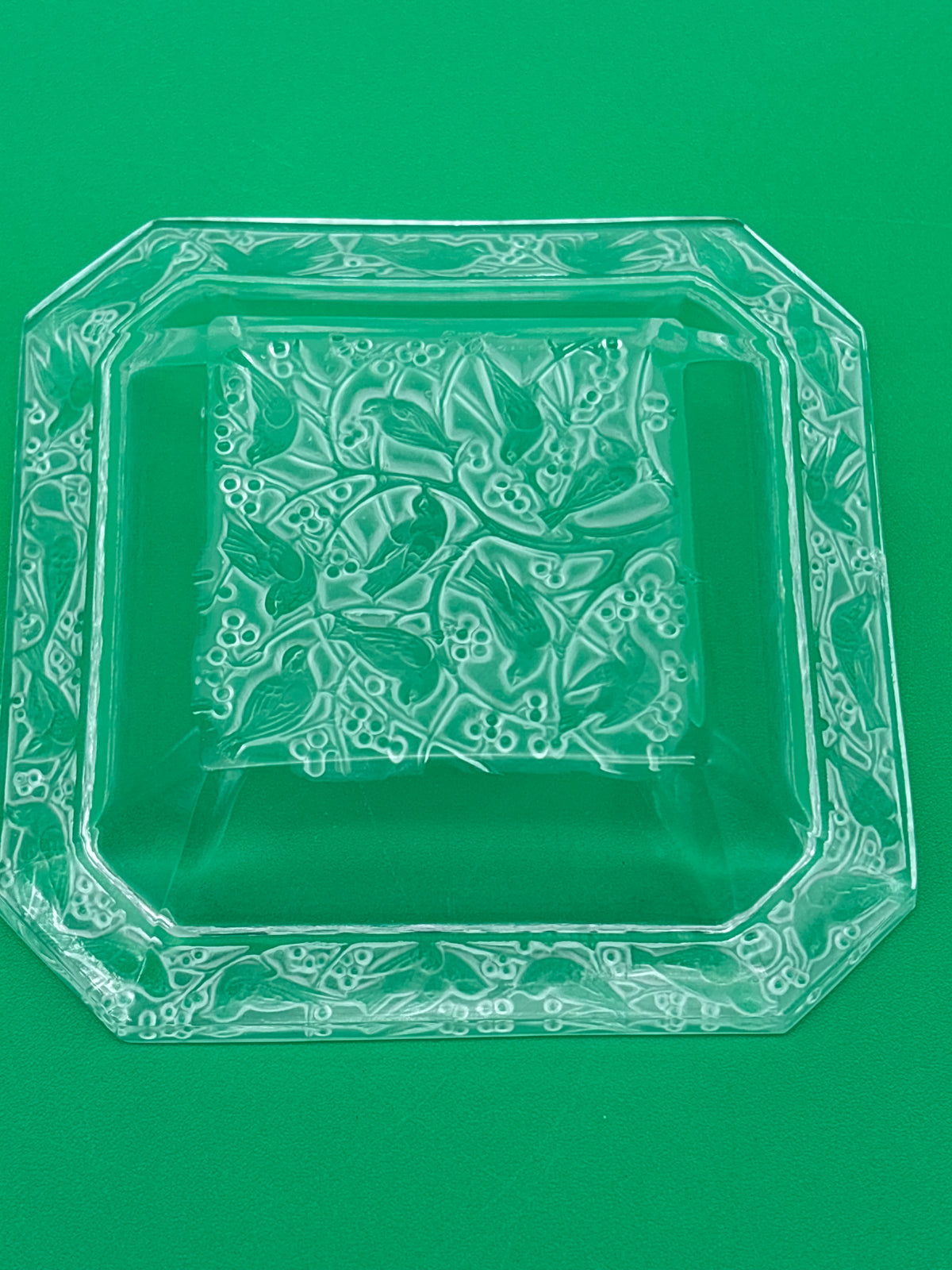Vintage Clear Pressed Glass Ashtray Bird Berry Motif Square Trinket Dish 3.25”