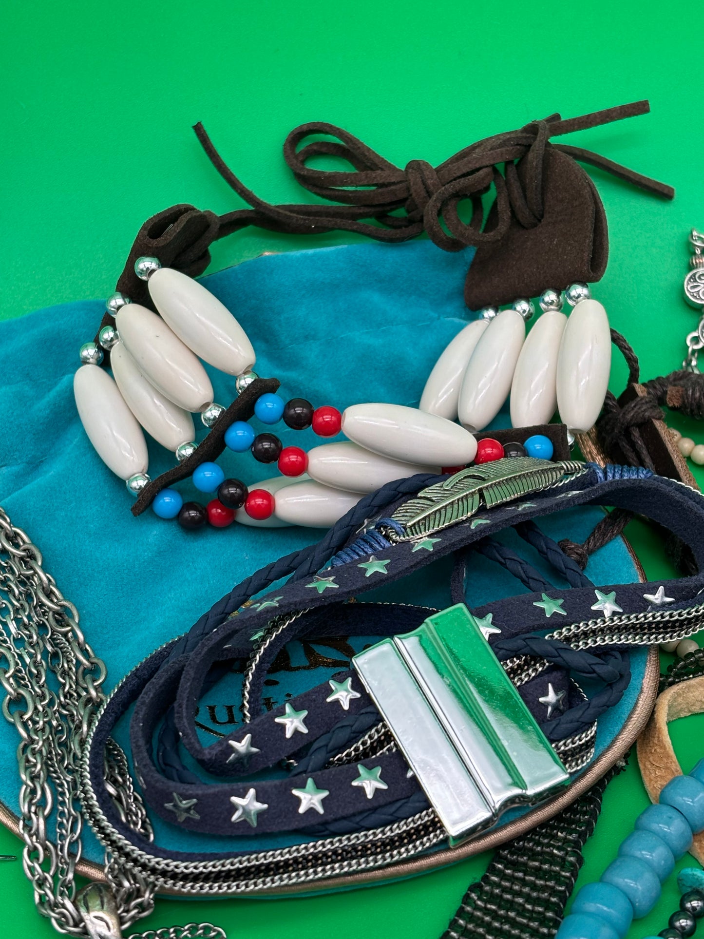 Large Boho Southwestern Jewelry Lot Turquoise Tribal Silver Tone Statement Necklaces Bracelets