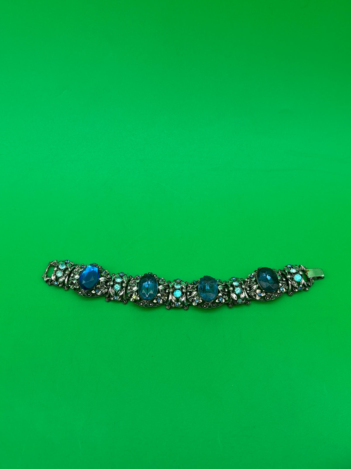 Vintage Unsigned Selro / Selini Style Blue Glass Rhinestone Statement Bracelet