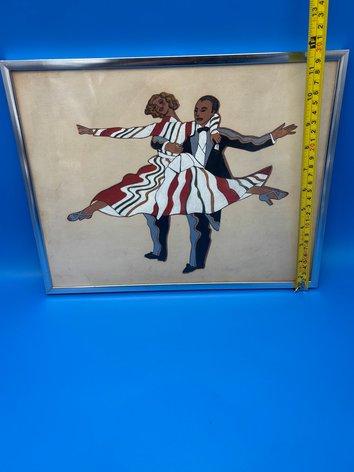Vintage Mid Century Dancing Couple Art Reverse Painted Glass Art Deco Chrome Frame