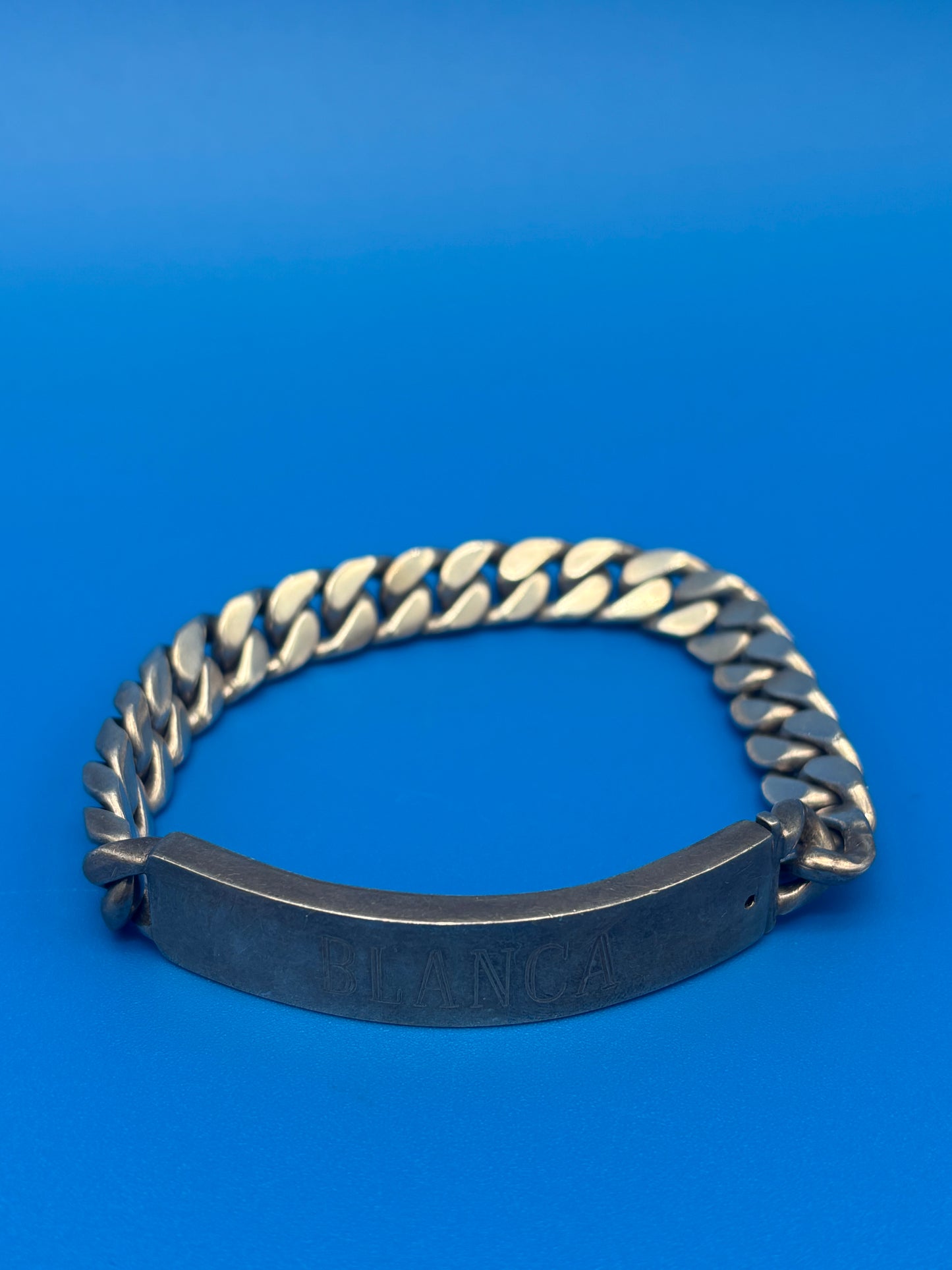 Heavy Vintage Mexico 925 Sterling Silver ID Bracelet Curb Link 65g Engraved BLANCA