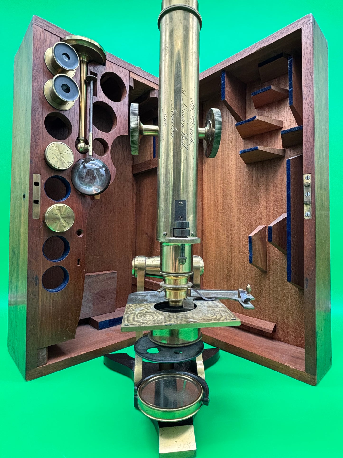 c.1871 H. Crouch London Antique Brass Microscope #689 Case Accessories