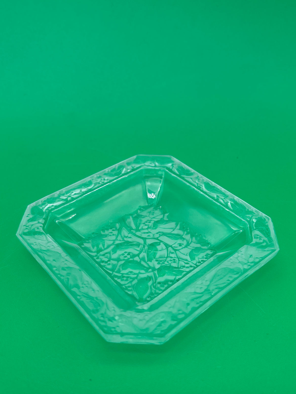 Vintage Clear Pressed Glass Ashtray Bird Berry Motif Square Trinket Dish 3.25”