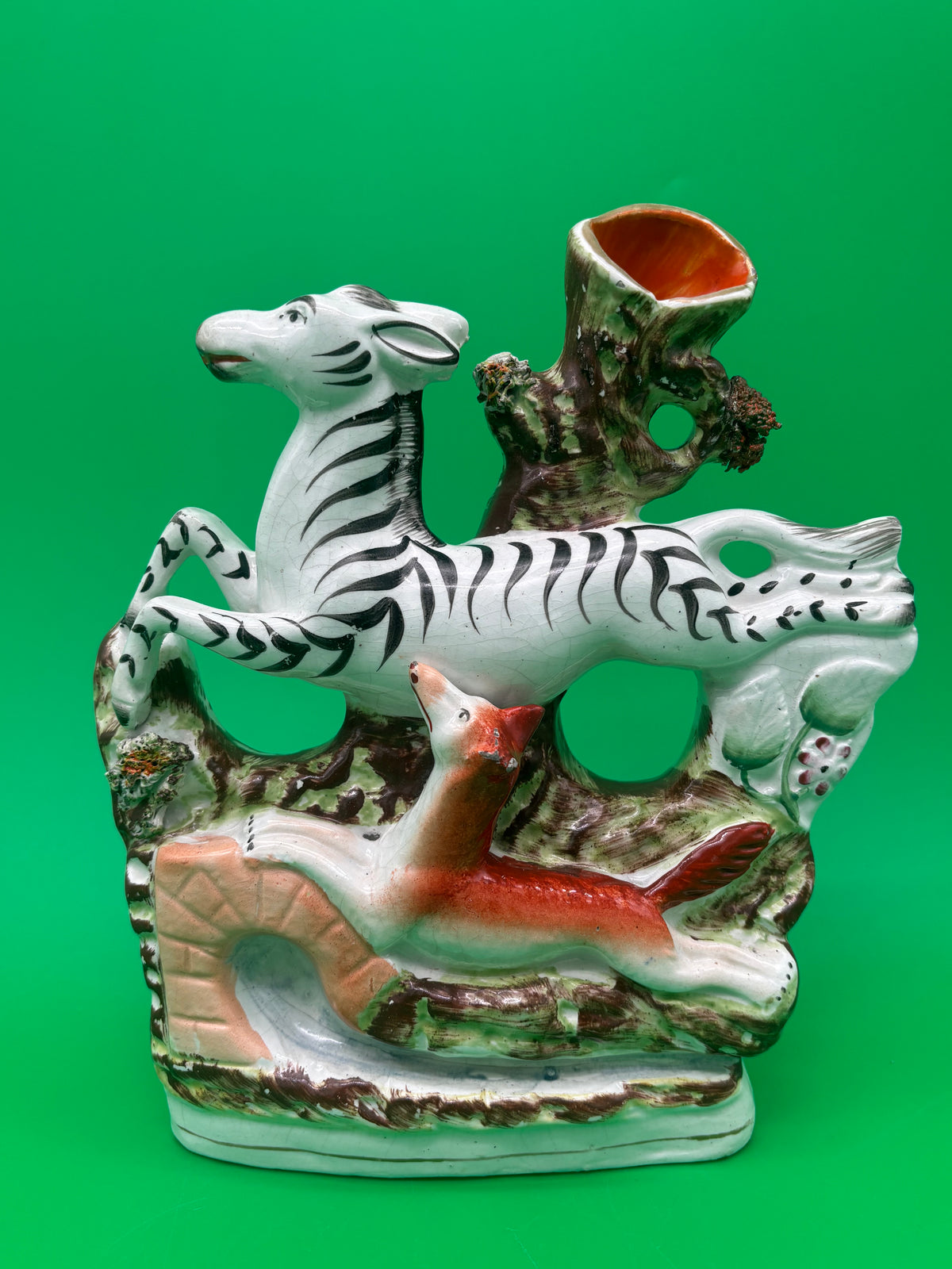 Antique Staffordshire Zebra Fox Spill Vase Victorian c1860 Pottery 8”