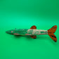 Vintage Folk Art Wooden Fish Spearing Decoy 12” Hand Carved Painted Metal Fins