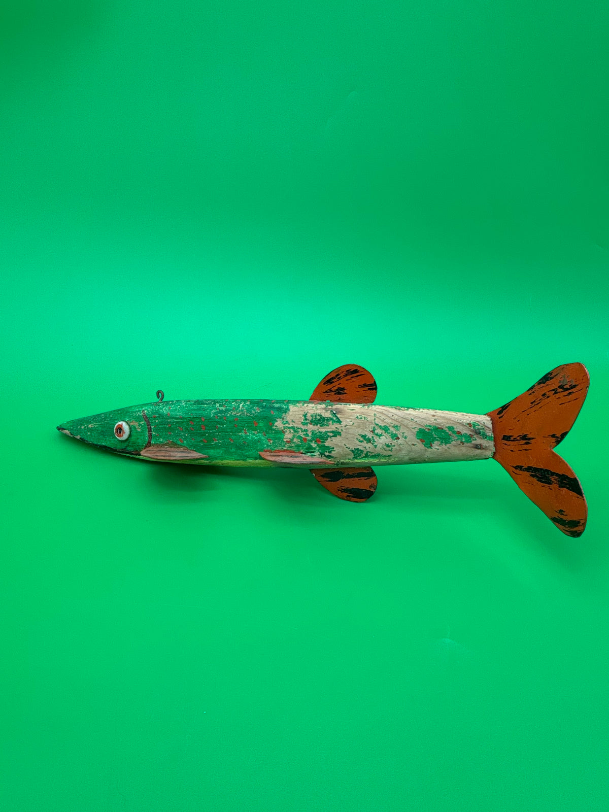 Vintage Folk Art Wooden Fish Spearing Decoy 12” Hand Carved Painted Metal Fins