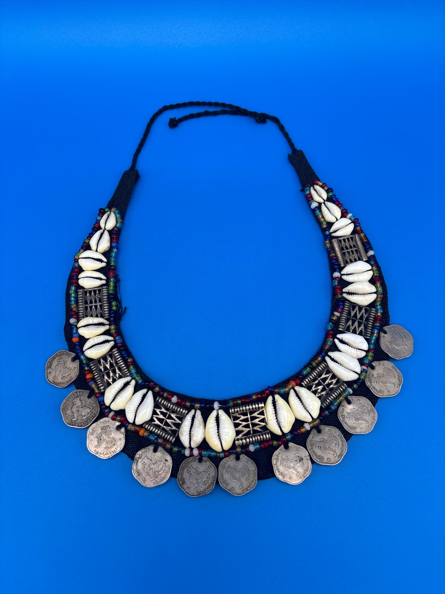 Vintage HUGE Tribal Bib Necklace Cowrie Shells Beads Myanmar Coins Boho Statement