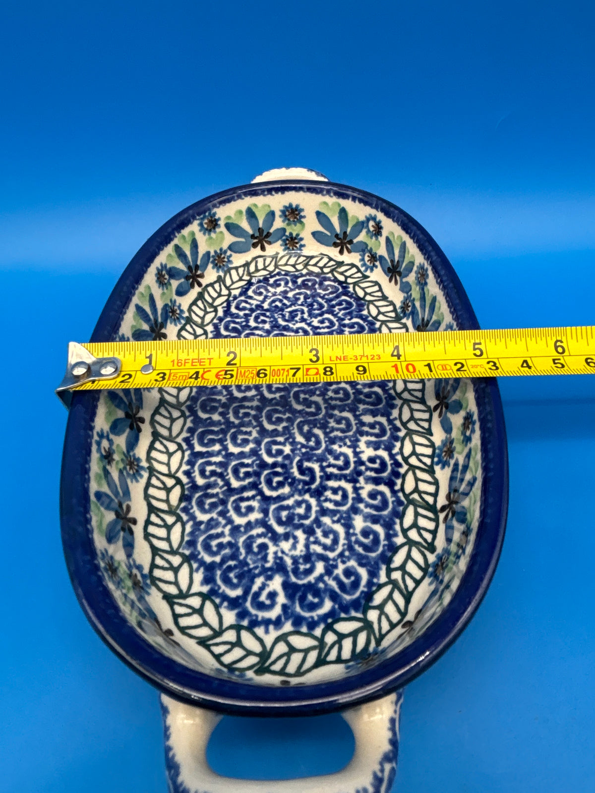 Boleslawiec Polish Pottery Oval Baker Dish Blue Green Floral #192 Poland 9”