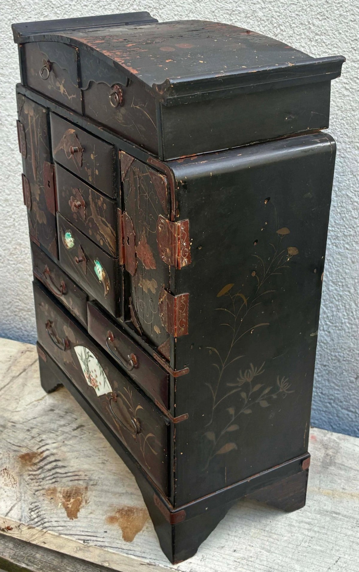 Antique Japanese Meiji Kodansu Lacquer Cabinet Birds Flowers 10 Drawer 16”
