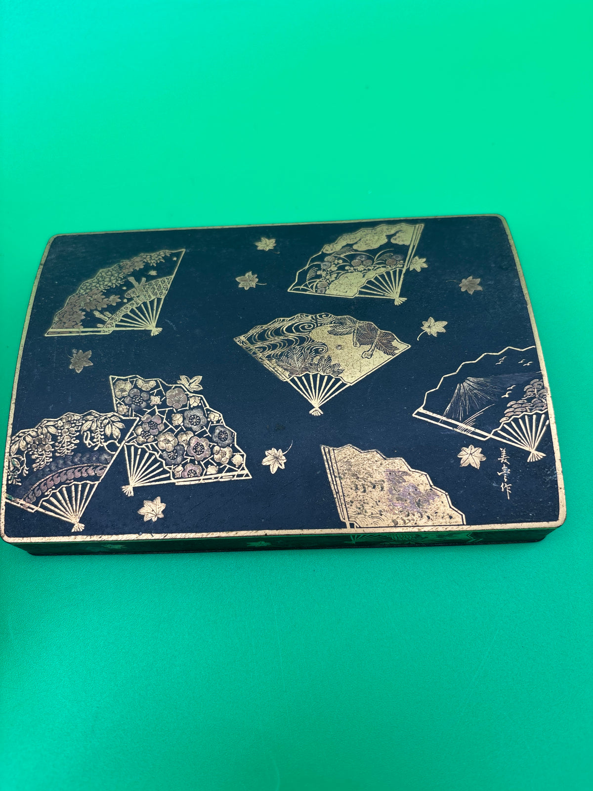 Antique Japanese Fujii Damascene Footed Cigarette Box Mt Fuji Mark Gold Inlay c1930