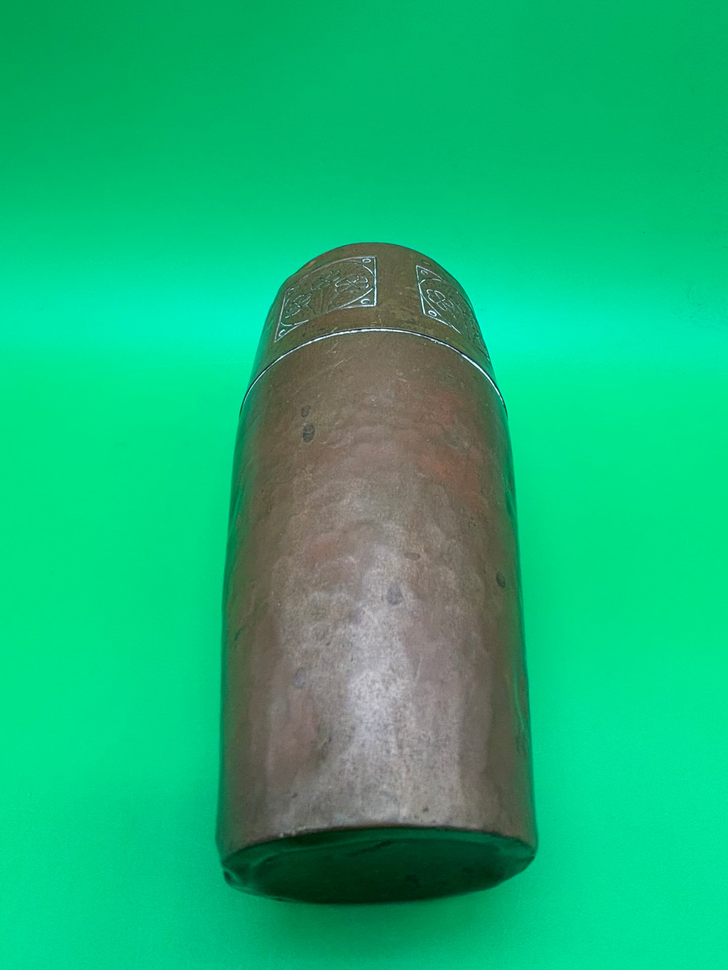 Antique German Jugendstil Hammered Copper Vase Floral Panels 8.25” Germany