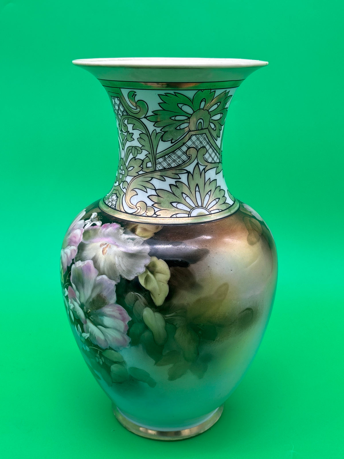 Vintage Noritake Hand Painted Japan 11” Floral Vase Pink Flowers Gold Gilt