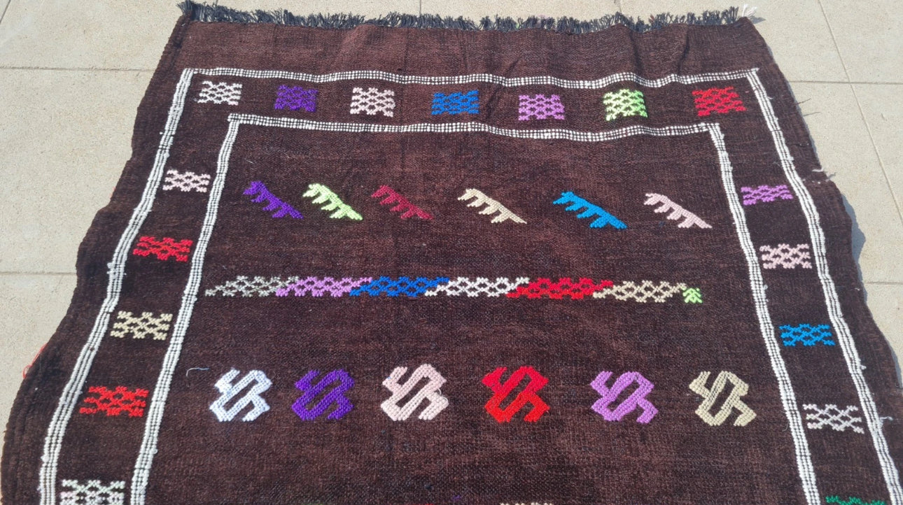 Rare Hand Knotted Vintage Morocco Sumouk Kilim Kilm Wool Area Rug 4.6 x 3.2 Ft