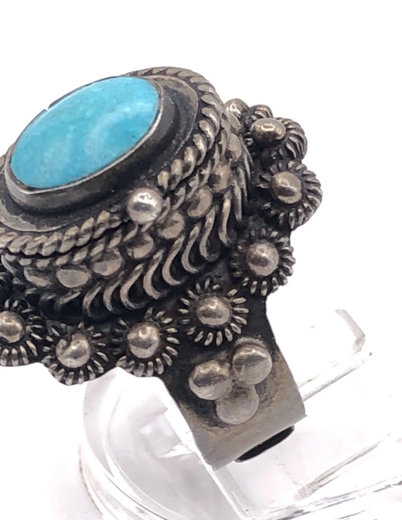 Vintage Taxco Sterling Silver Turquoise Poison Ring Adjustable 10.5g Size 6.5