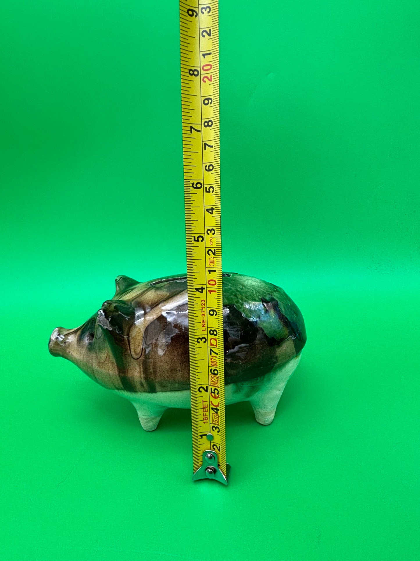 Antique Yellowware Piggy Bank Green Drip Glaze Hole Eyes Pottery Still Bank 6.5”