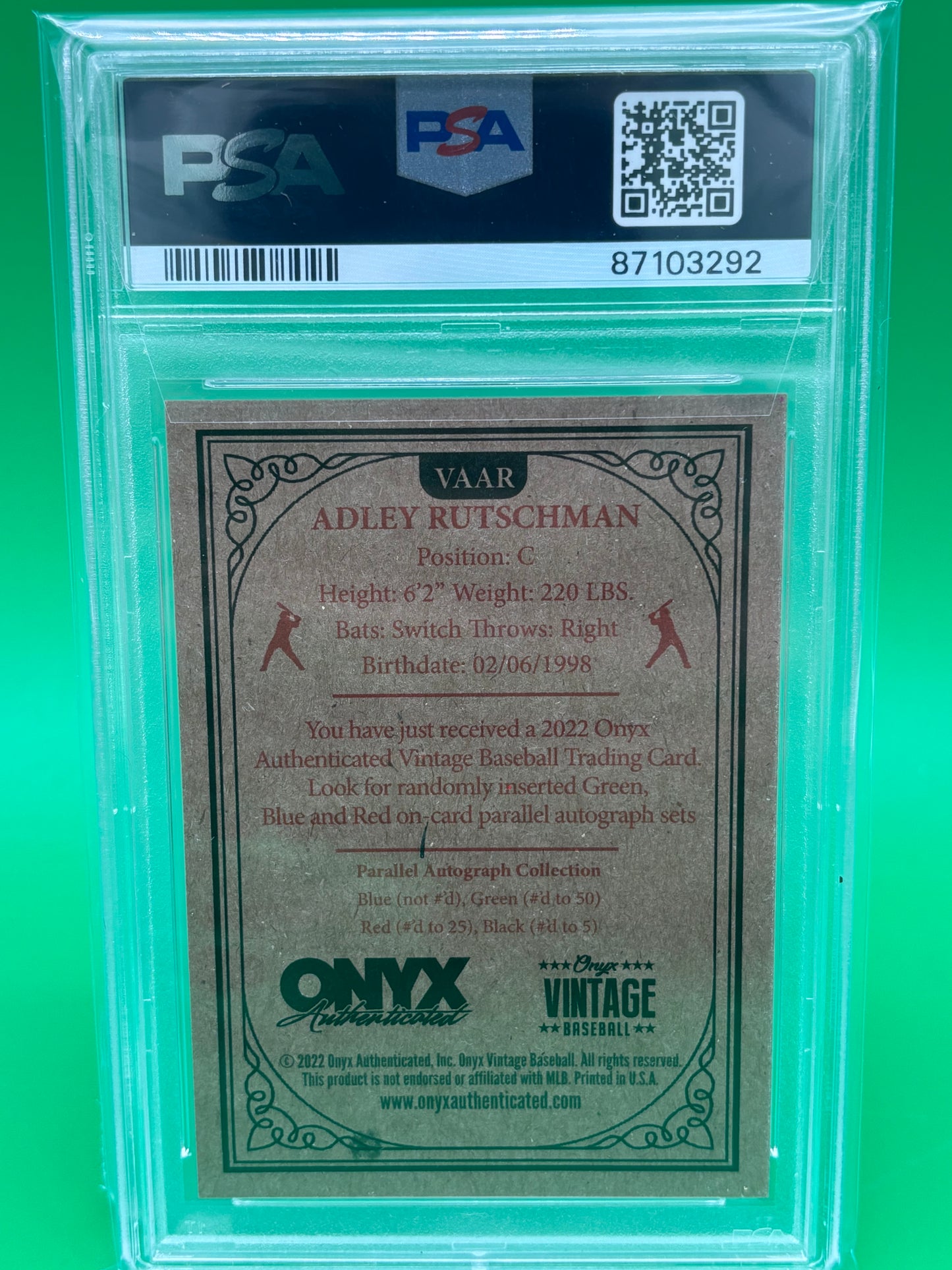 Adley Rutschman 2022 Onyx Vintage Red Ink Auto /25 PSA 9 PSA/DNA Orioles VAAR