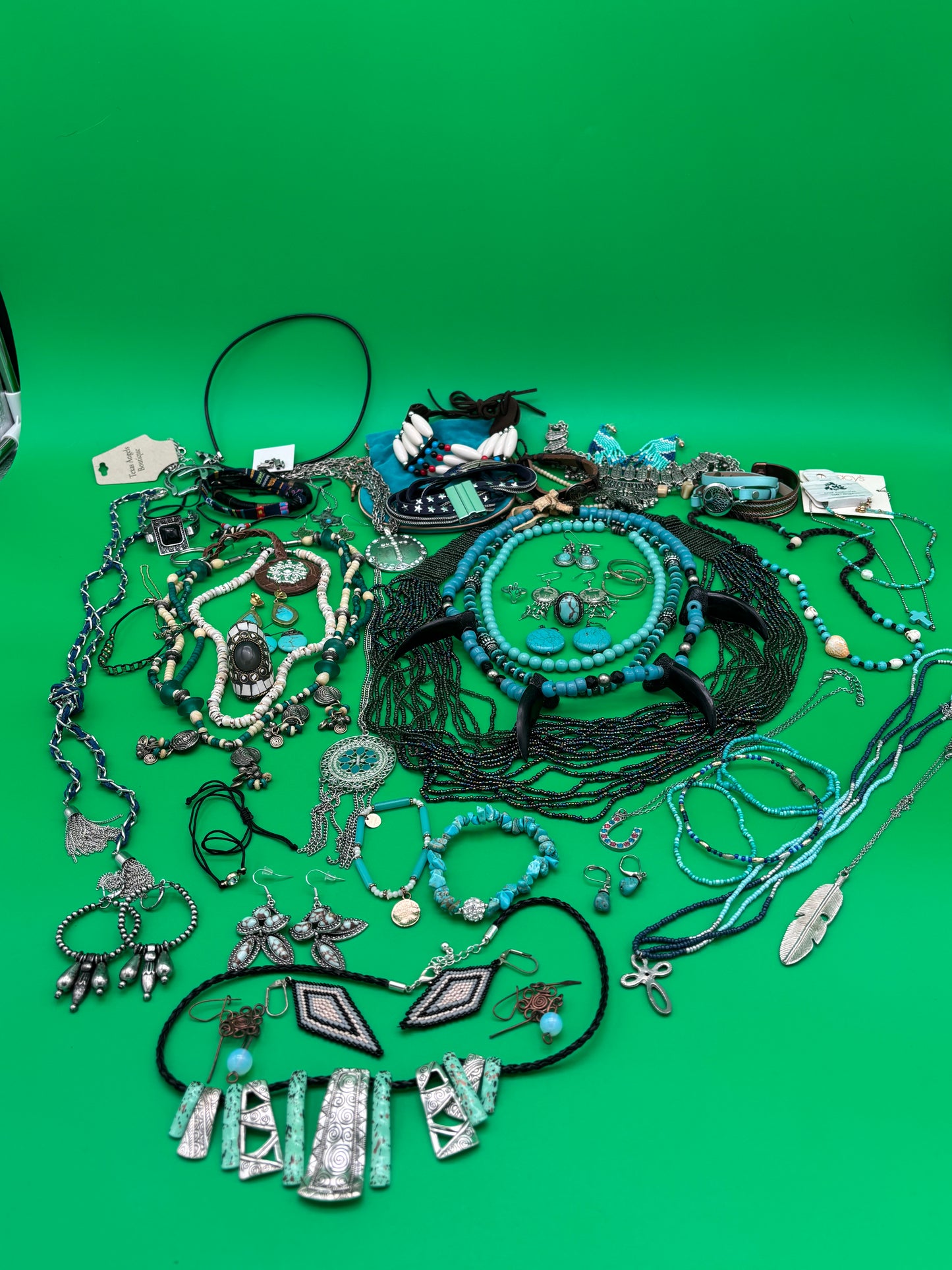 Large Boho Southwestern Jewelry Lot Turquoise Tribal Silver Tone Statement Necklaces Bracelets