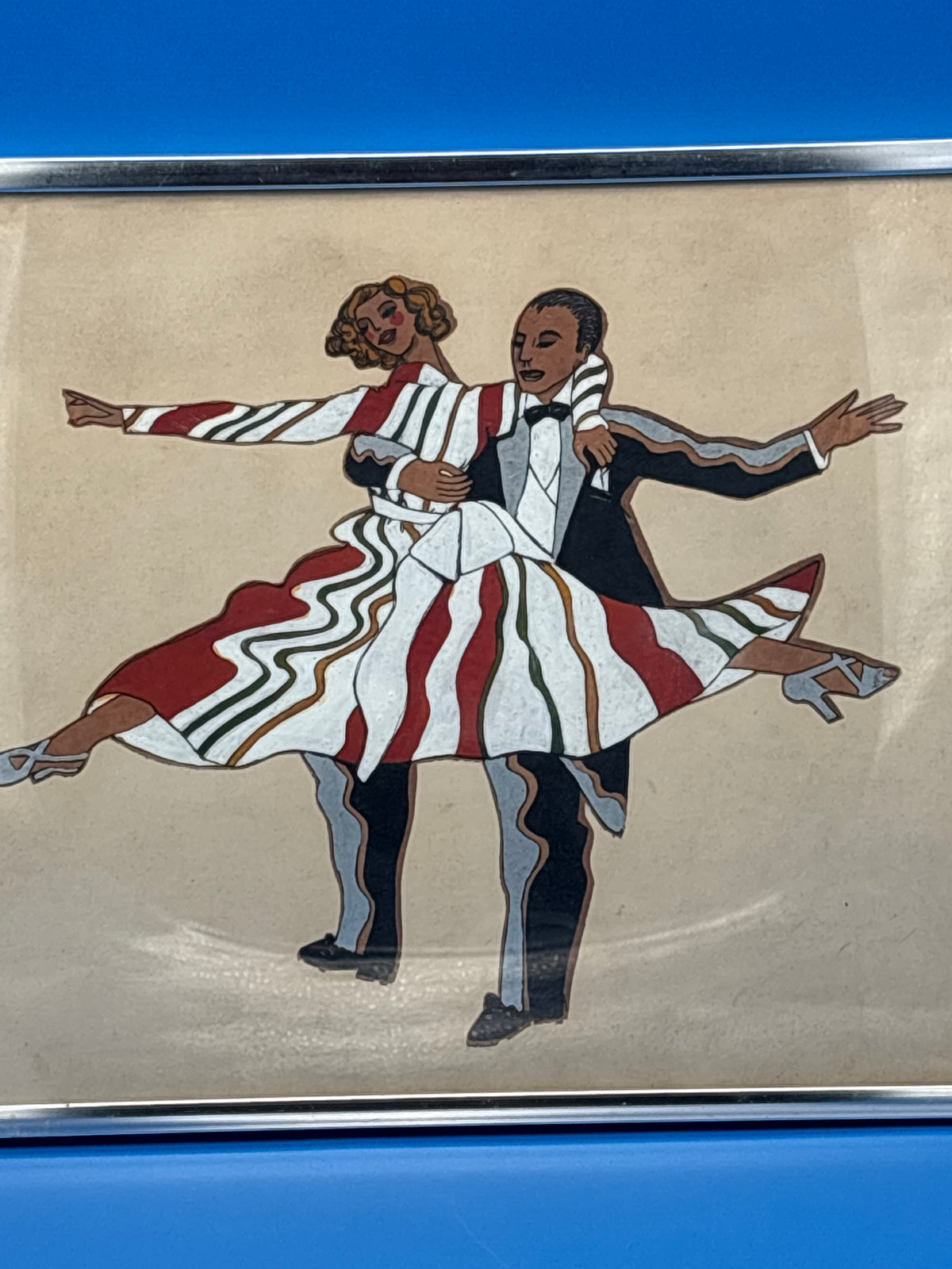 Vintage Mid Century Dancing Couple Art Reverse Painted Glass Art Deco Chrome Frame