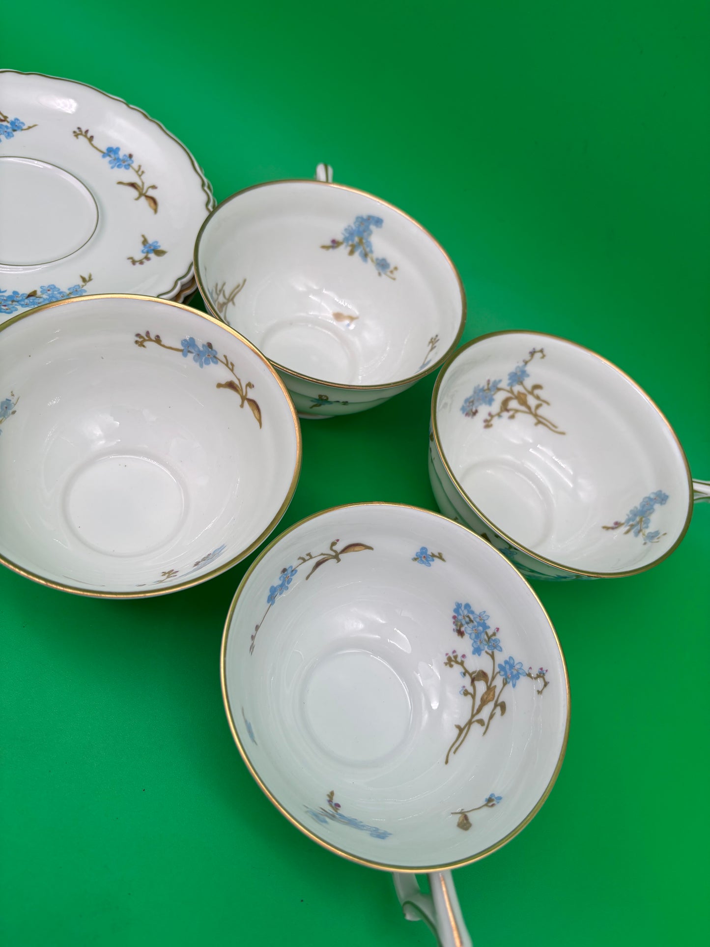 Antique Haviland Limoges France Tea Cup & Saucer Set – Blue Floral, Gold Trim (8-Piece Set)