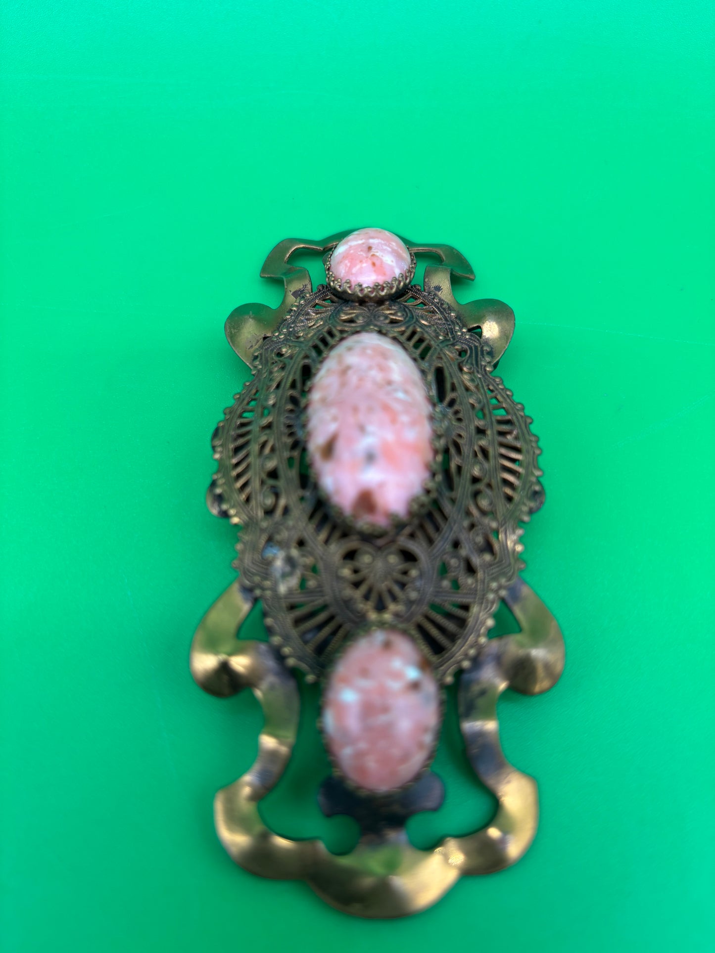 Vintage Art Nouveau Filigree Sash Pin Brooch Pink Marbled Glass Cabochons Antique Style