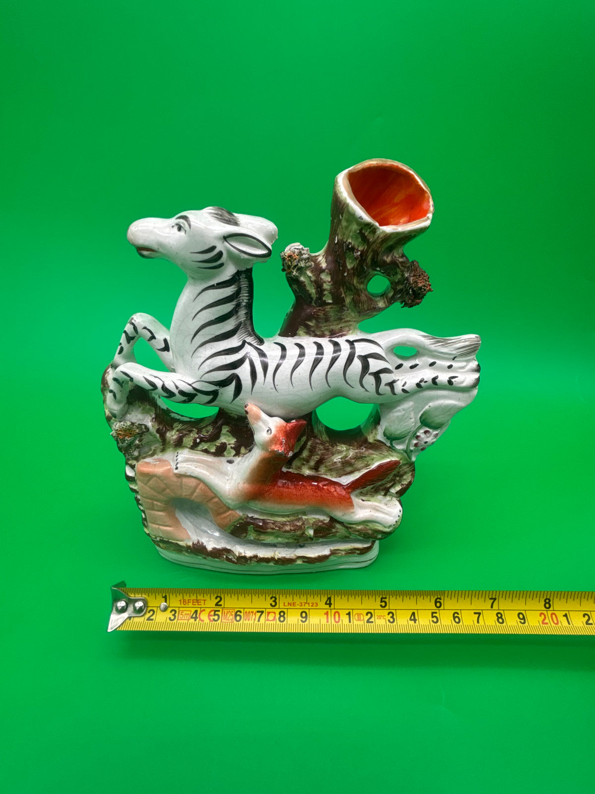 Antique Staffordshire Zebra Fox Spill Vase Victorian c1860 Pottery 8”