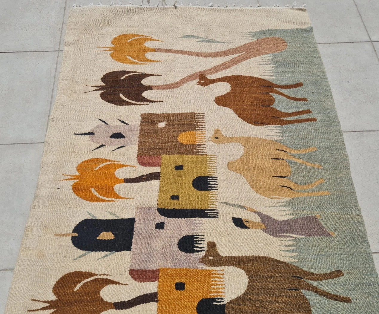Rare Hand Knotted Vintage Bulgaria Pictorial Wool Kilim Area Rug Camel Village 4.3 x 2.6 Ft