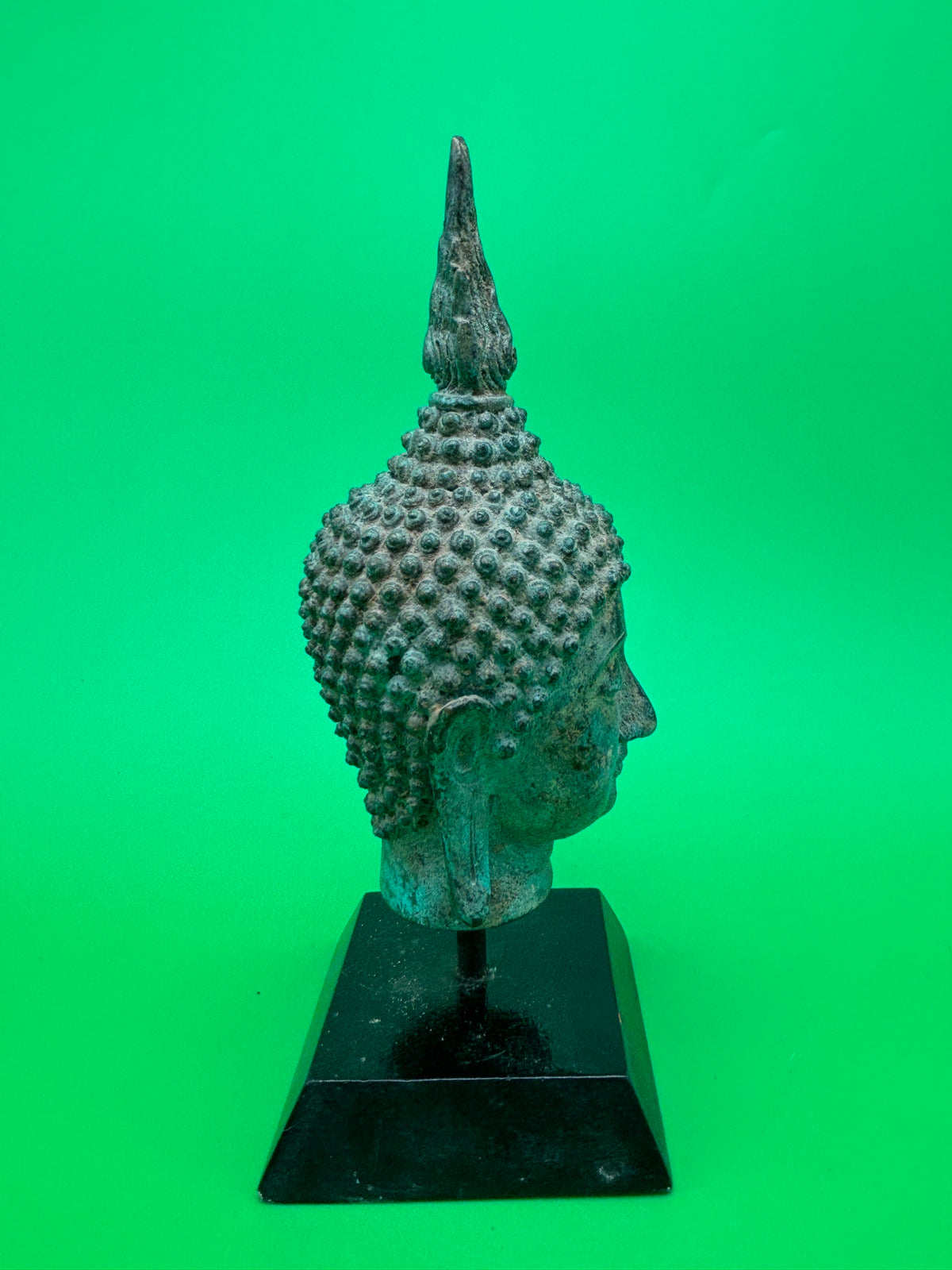 Vintage Thai Bronze Buddha Head Sculpture Flame Ushnisha Patina Wood Stand