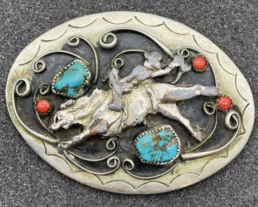 Vintage 1978 Vogt Style Western Cowboy Belt Buckle Turquoise Coral Horse Rodeo