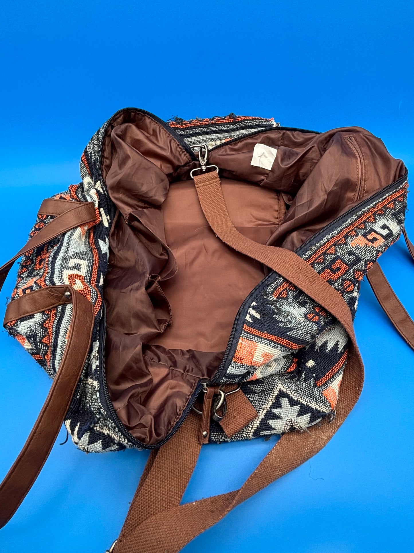 Southwest Aztec Print Weekender Duffel Bag Blue Multi Tribal Boho Oversized Tote