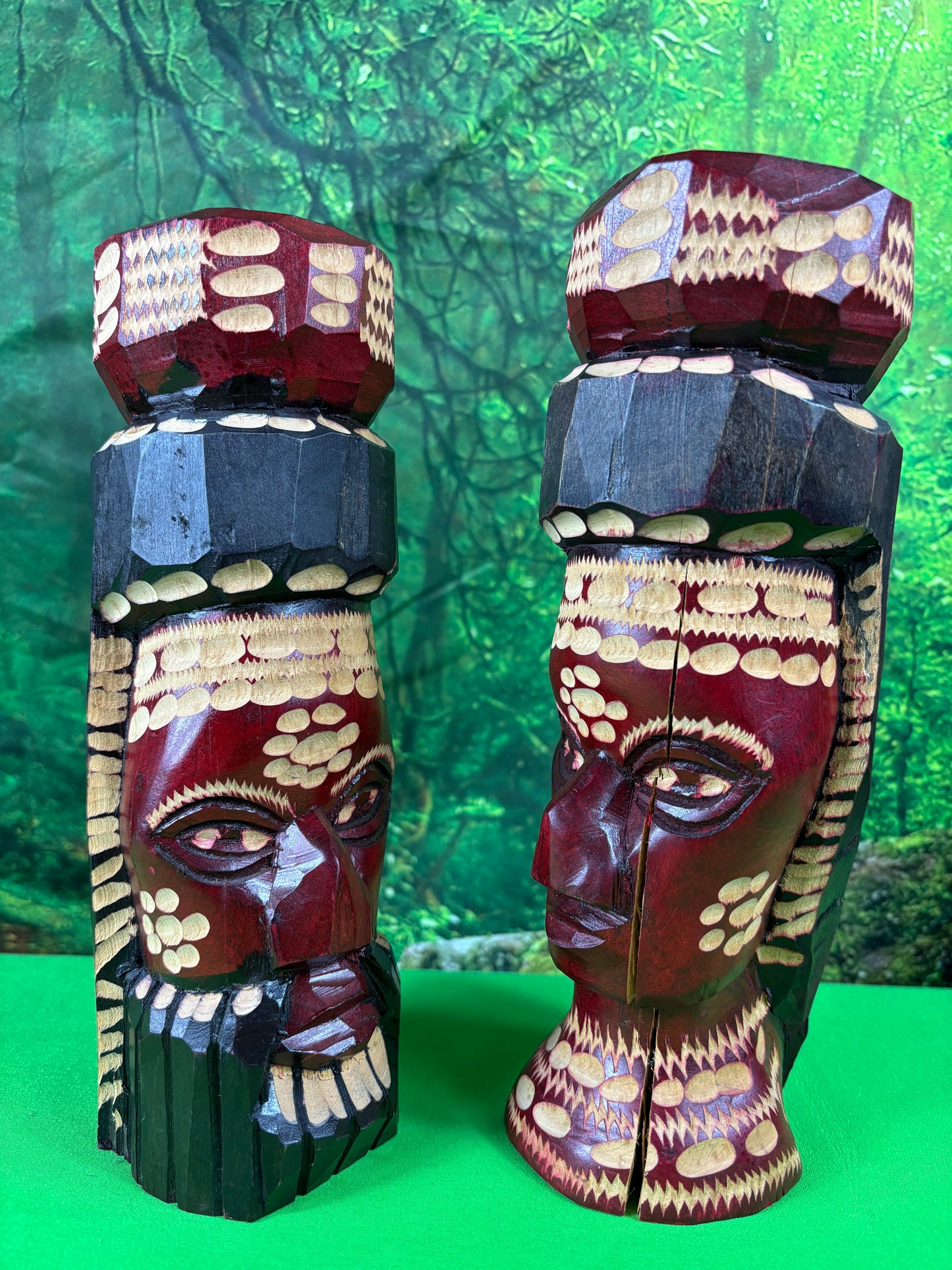 Genuine Hand Carved Jamaican Wooden Tiki Totem Head Figurines Tiki Décor Pair