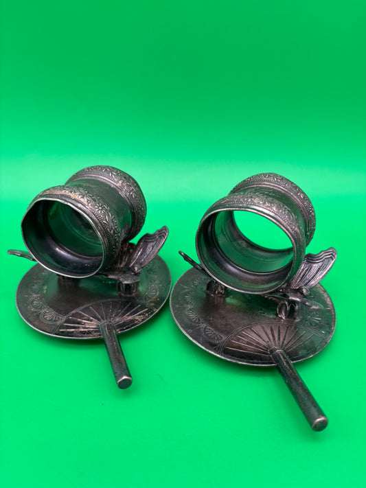 Antique Victorian Silverplate Figural Butterfly Napkin Rings Pair Art Nouveau