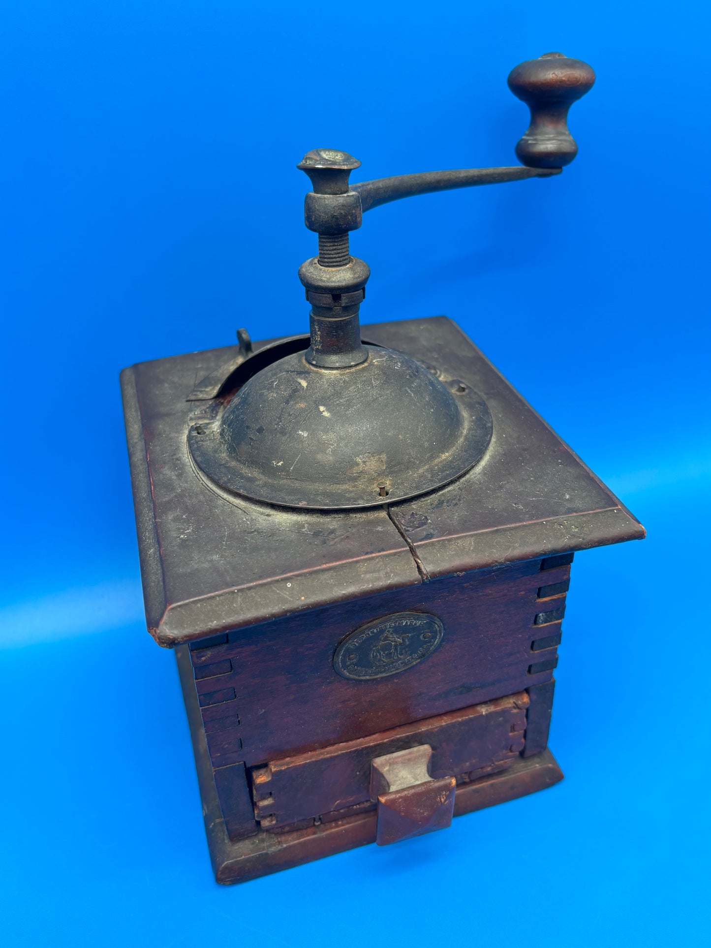 Antique K&M Kissing Möllmann German Coffee Grinder Mill Wood Hand Crank c1900