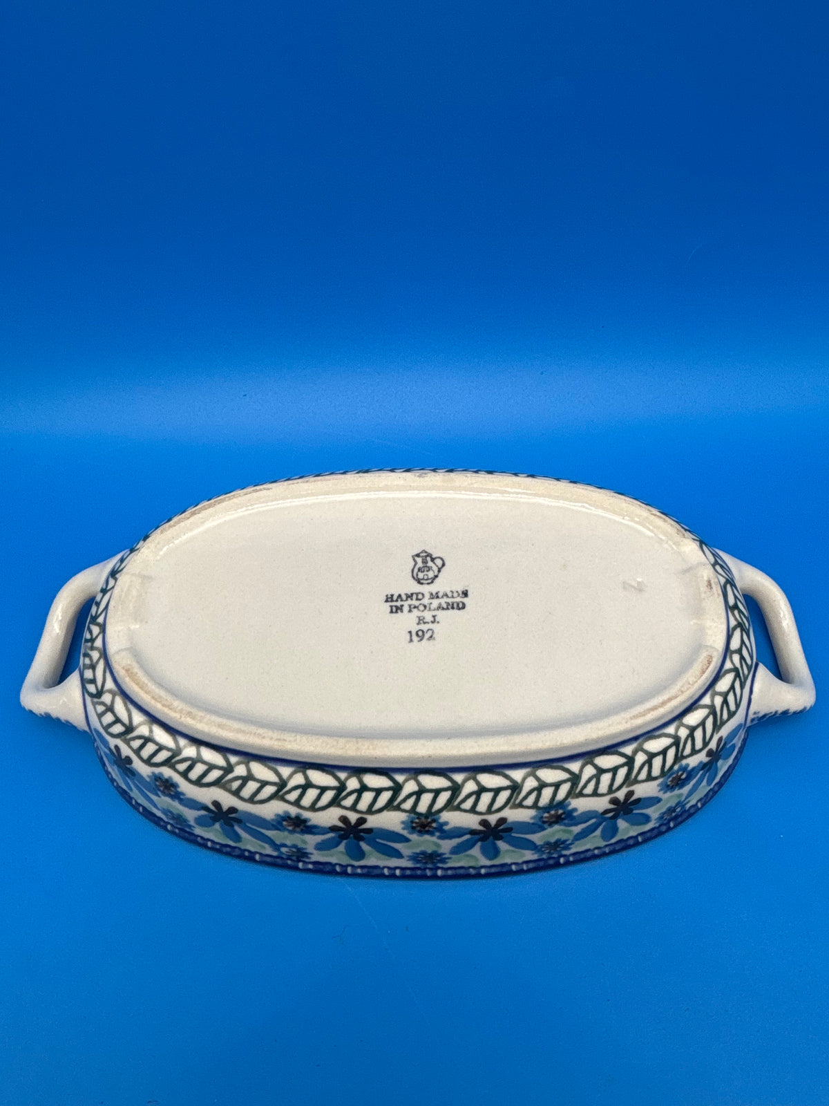 Boleslawiec Polish Pottery Oval Baker Dish Blue Green Floral #192 Poland 9”
