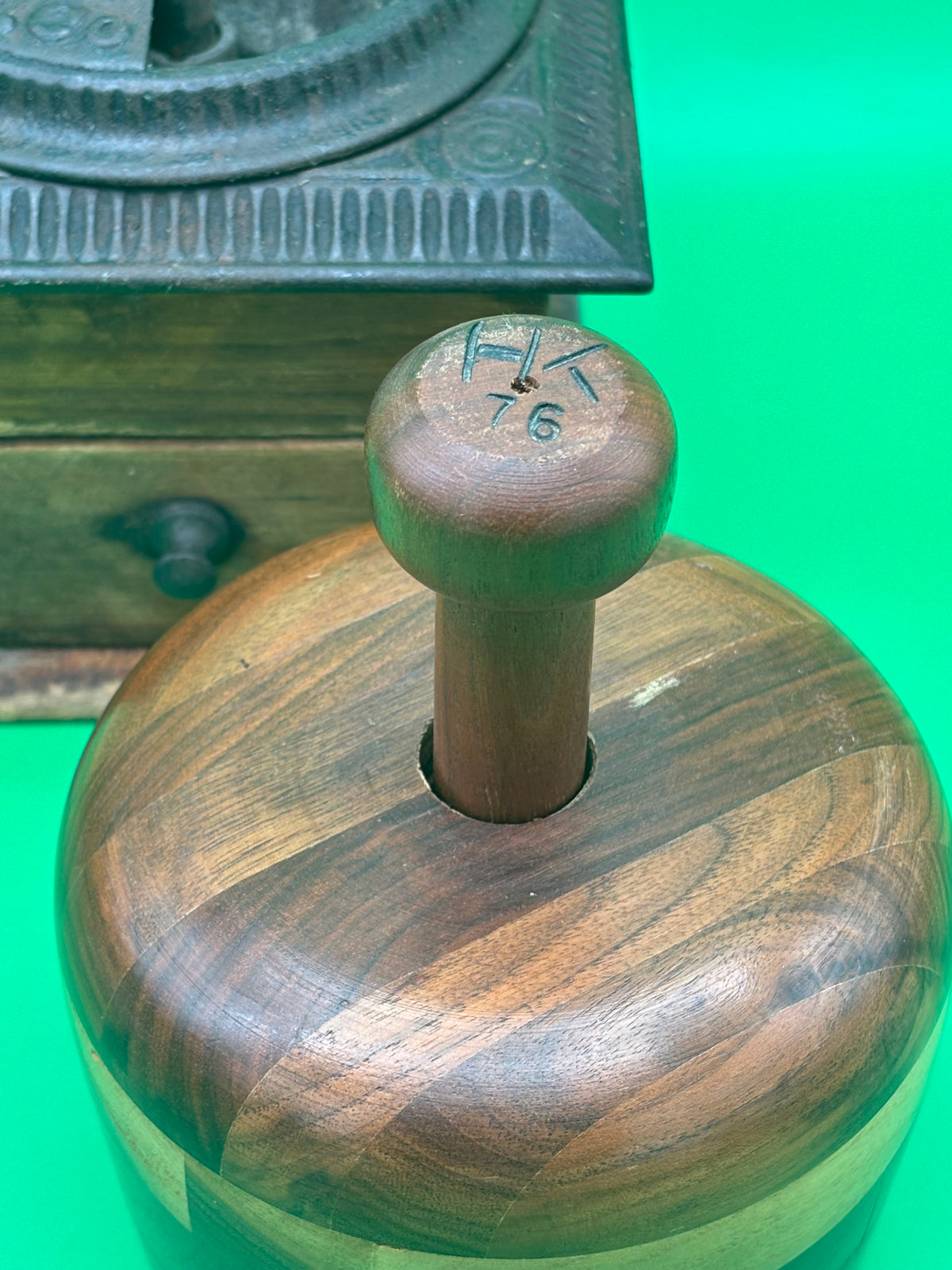 Antique Peugeot Freres Coffee Grinder & Vintage Turned Wood Lidded Container Lot