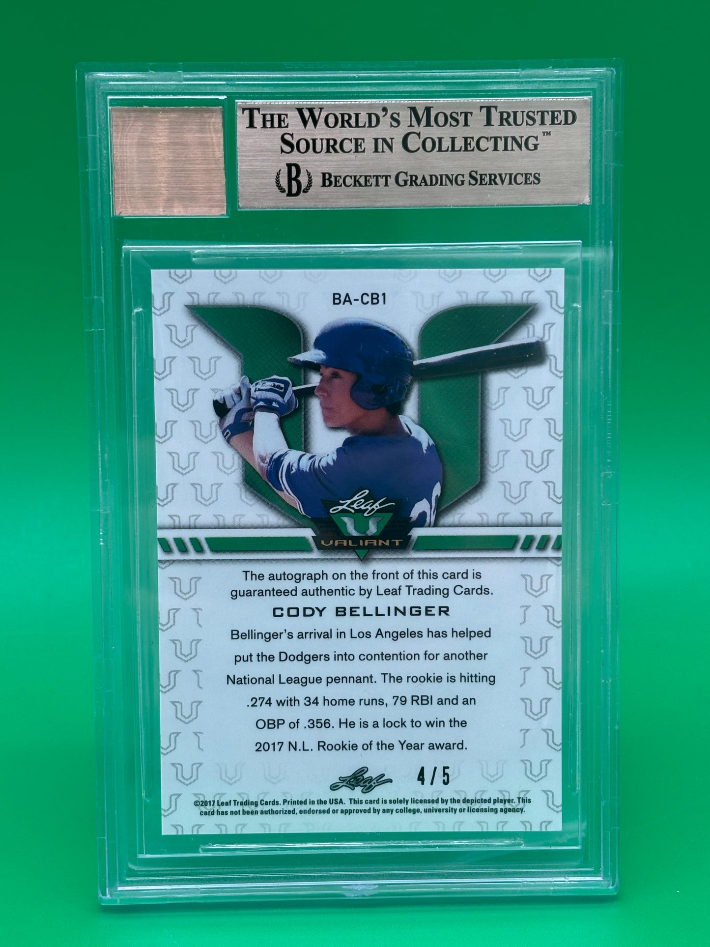 2017 Leaf Valiant Black Cody Bellinger Auto /5 BGS 10 Pristine Auto 10 #BA-CB1
