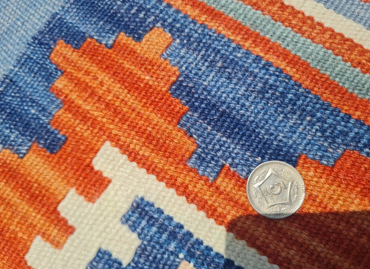 Vintage Hand Knotted Shiraz Kilim Wool Area Rug 2.9 x 2.1 Ft Blue Orange Persian Style