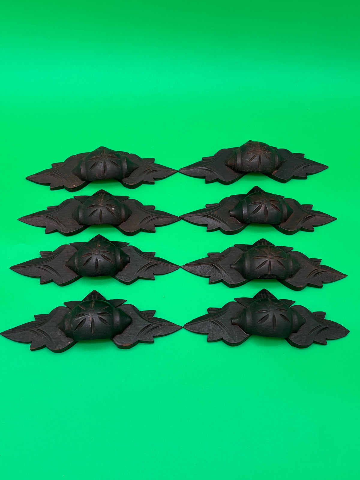 Antique Victorian Eastlake Carved Wood Drawer Pulls Floral Leaf Design Set of 8